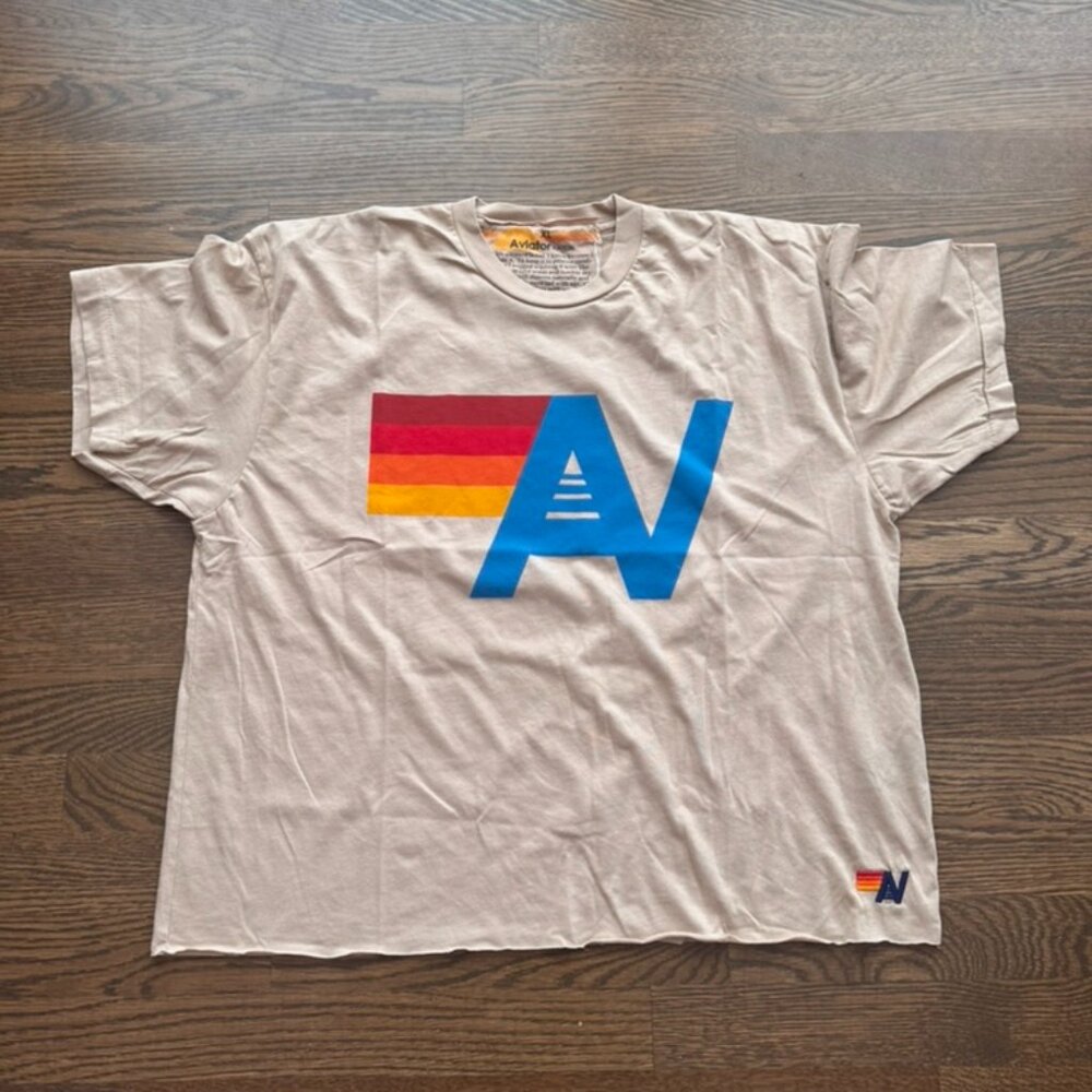 Aviator Nation Beige Tee with Multicolor Logo